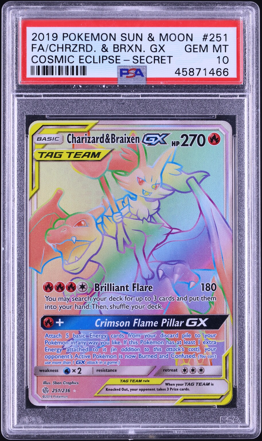 2019 Pokemon SM Cosmic Eclipse Hyper Rare Charizard & Braixen GX #251 PSA  10 GEM on Fanatics Collect