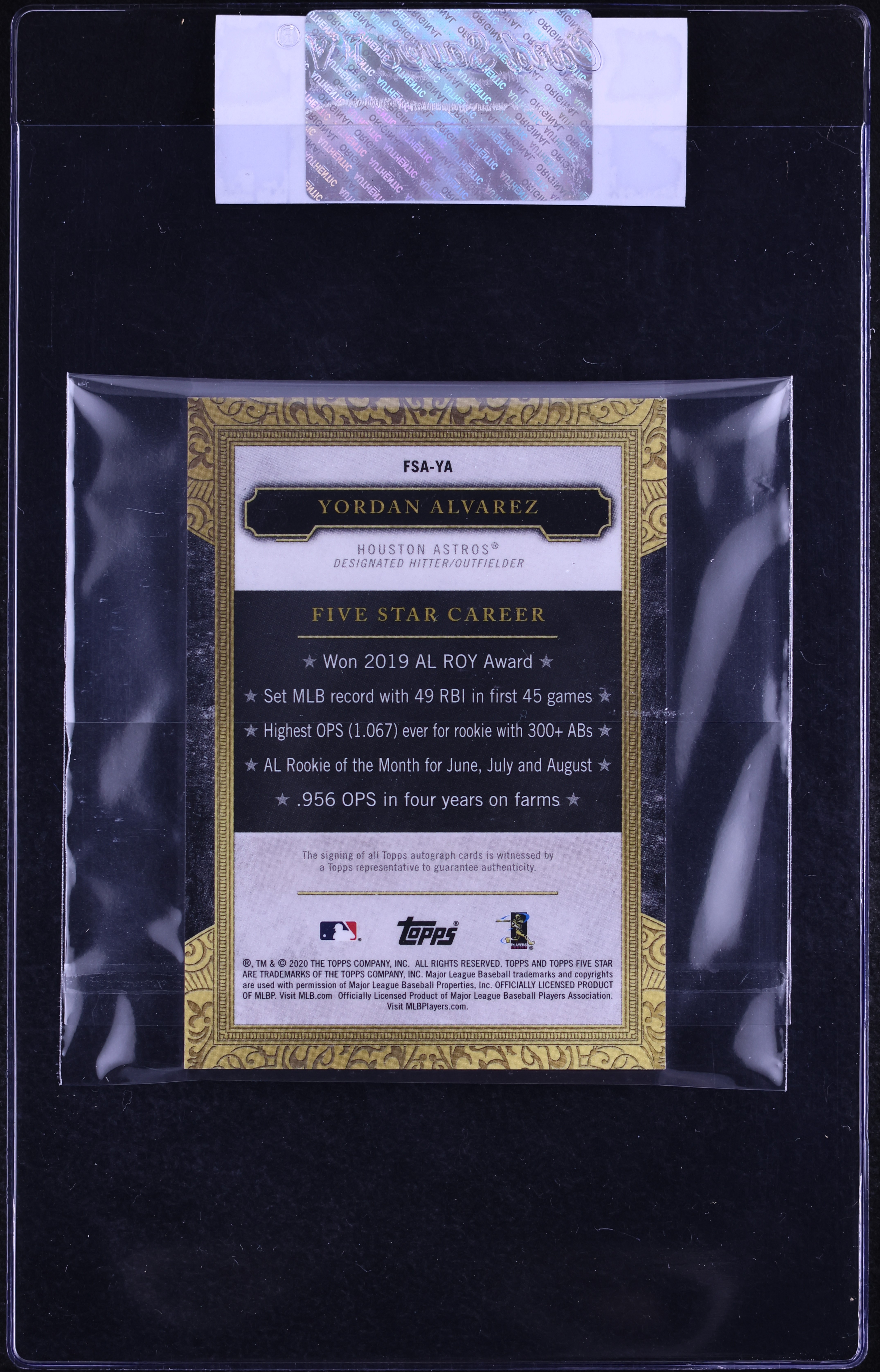 2020 Topps Five Star Purple Yordan Alvarez ROOKIE AUTO 1/50 #FSA