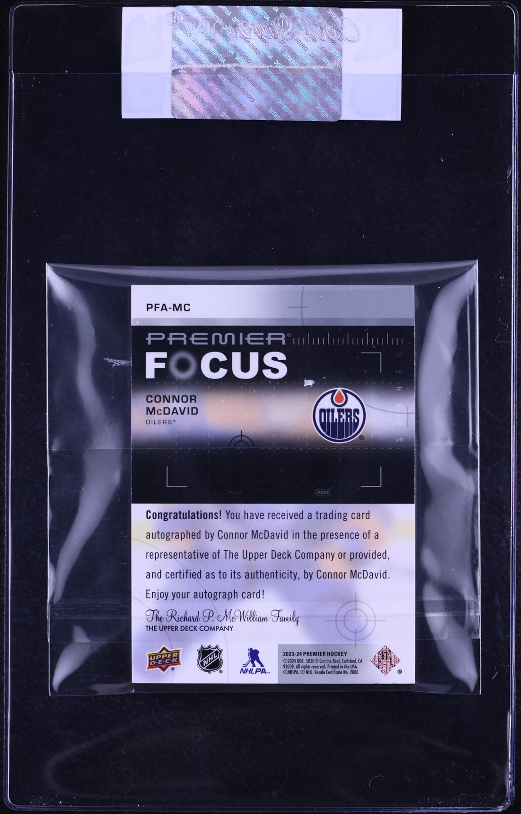 2023 Upper Deck Premier Focus Connor McDavid AUTO /25 #PFA-MC CGC AUTH