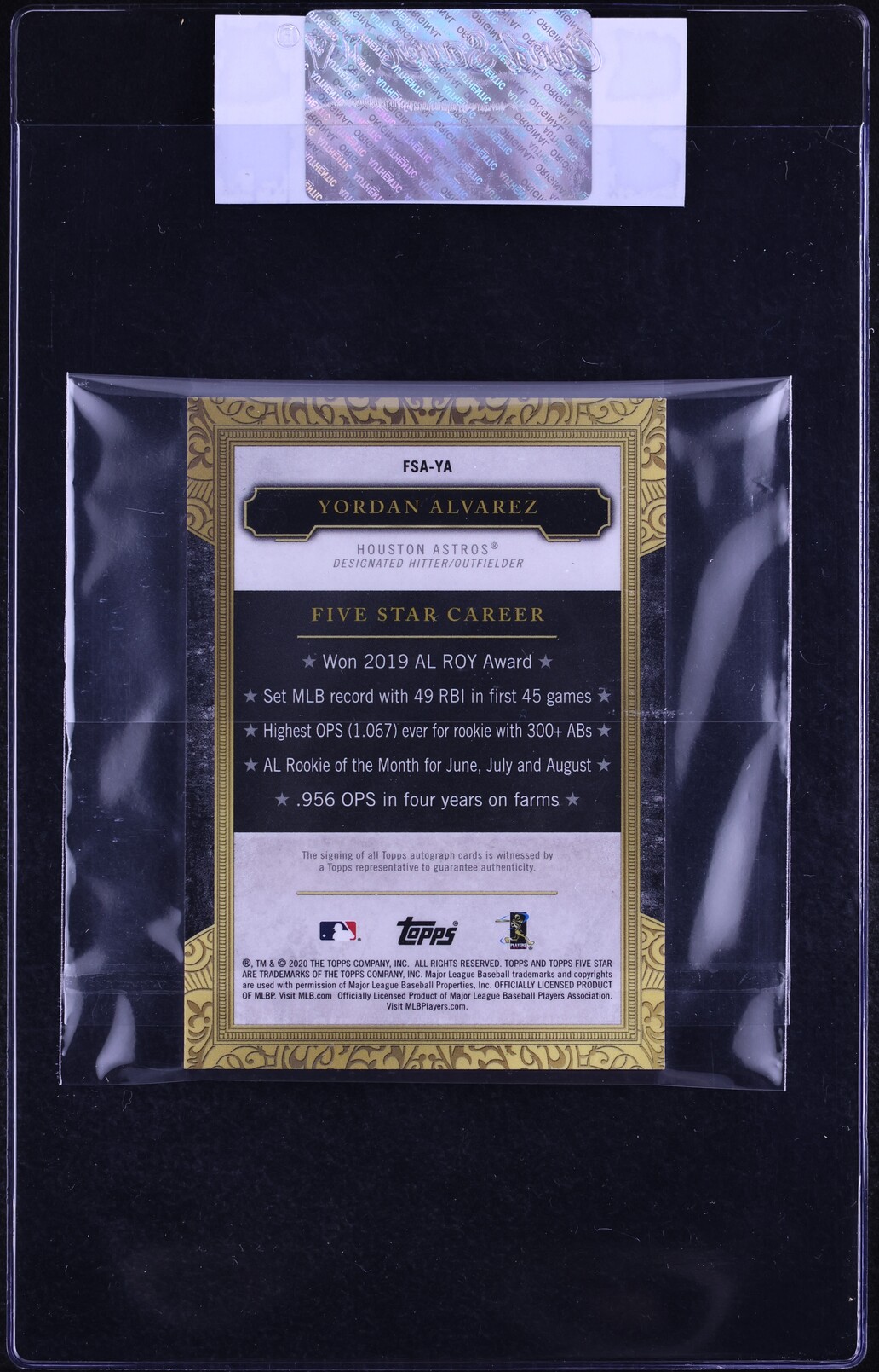 2020 Topps Five Star Purple Yordan Alvarez ROOKIE AUTO 1/50 #FSA-YA CGC AUTH