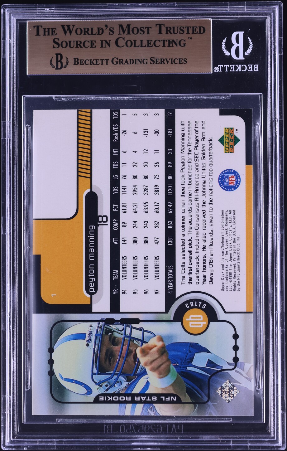 1998 Upper Deck Football Peyton Manning ROOKIE #1 BGS 9.5 GEM MINT