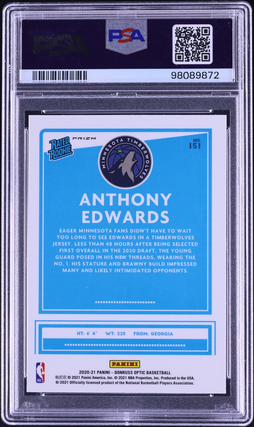 2020 Donruss Optic Purple Anthony Edwards ROOKIE #151 PSA 9 MINT