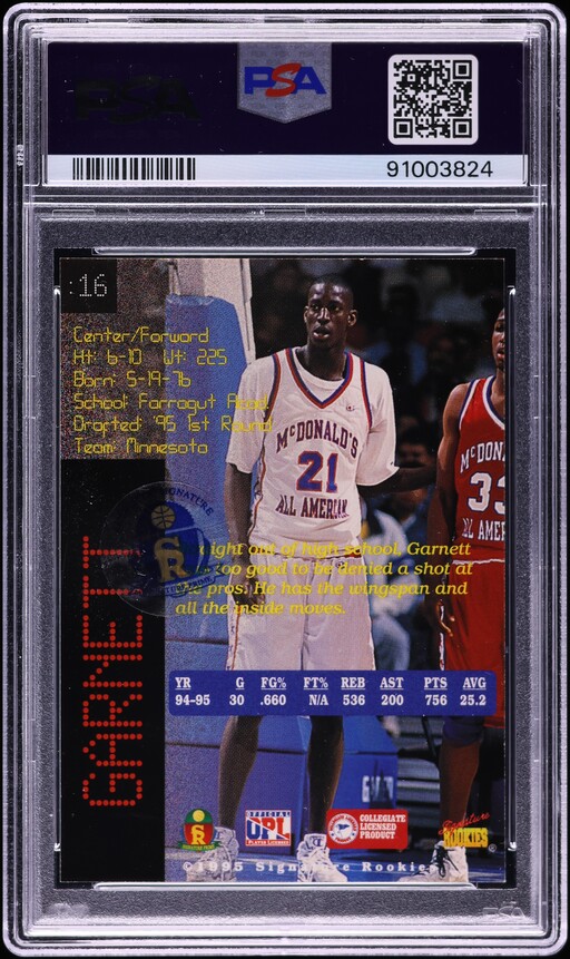 1995 Signature Rookies Prime Kevin Garnett ROOKIE AUTO DNA 10 #16