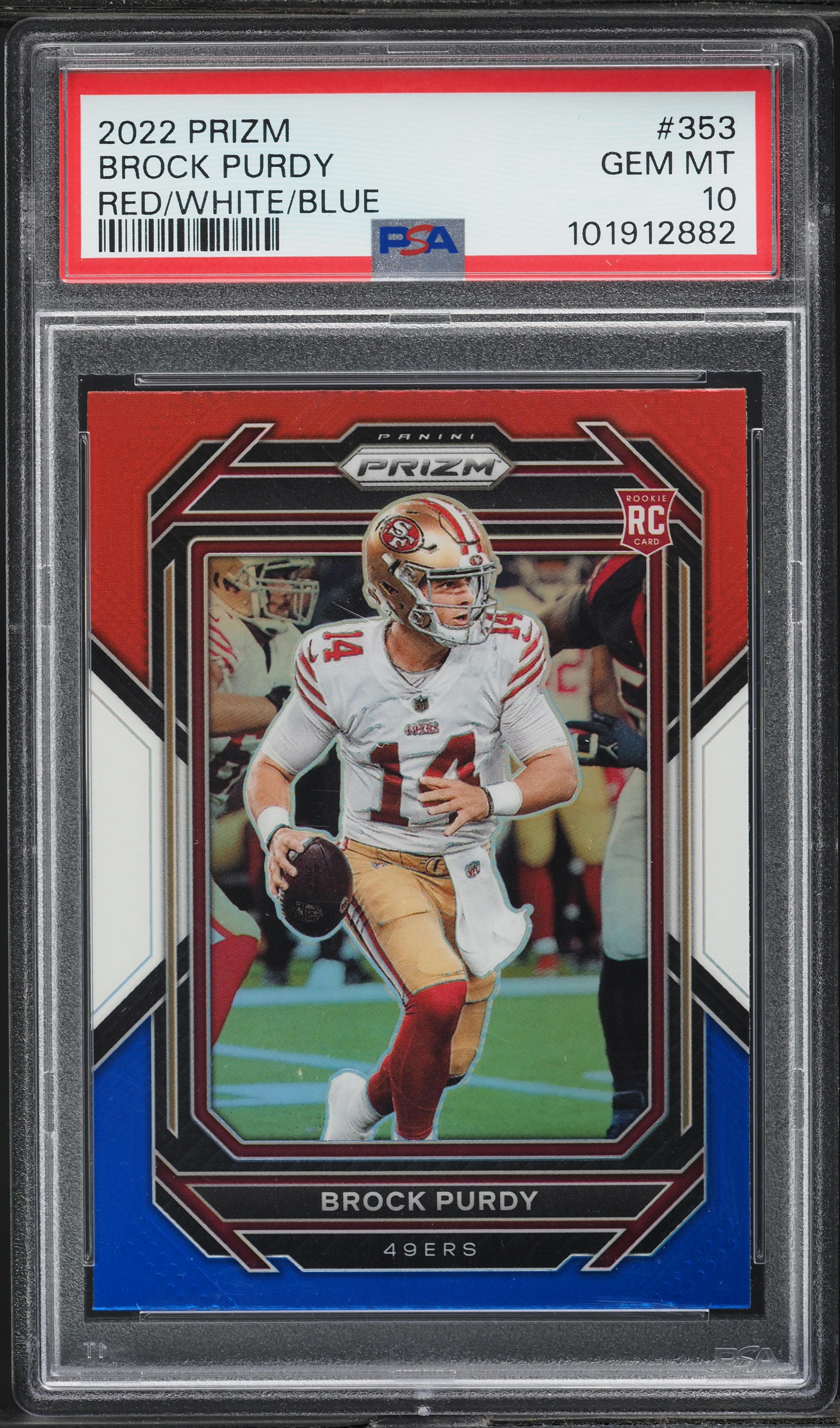2022 Panini Prizm Red White Blue Brock Purdy ROOKIE #353 PSA 10