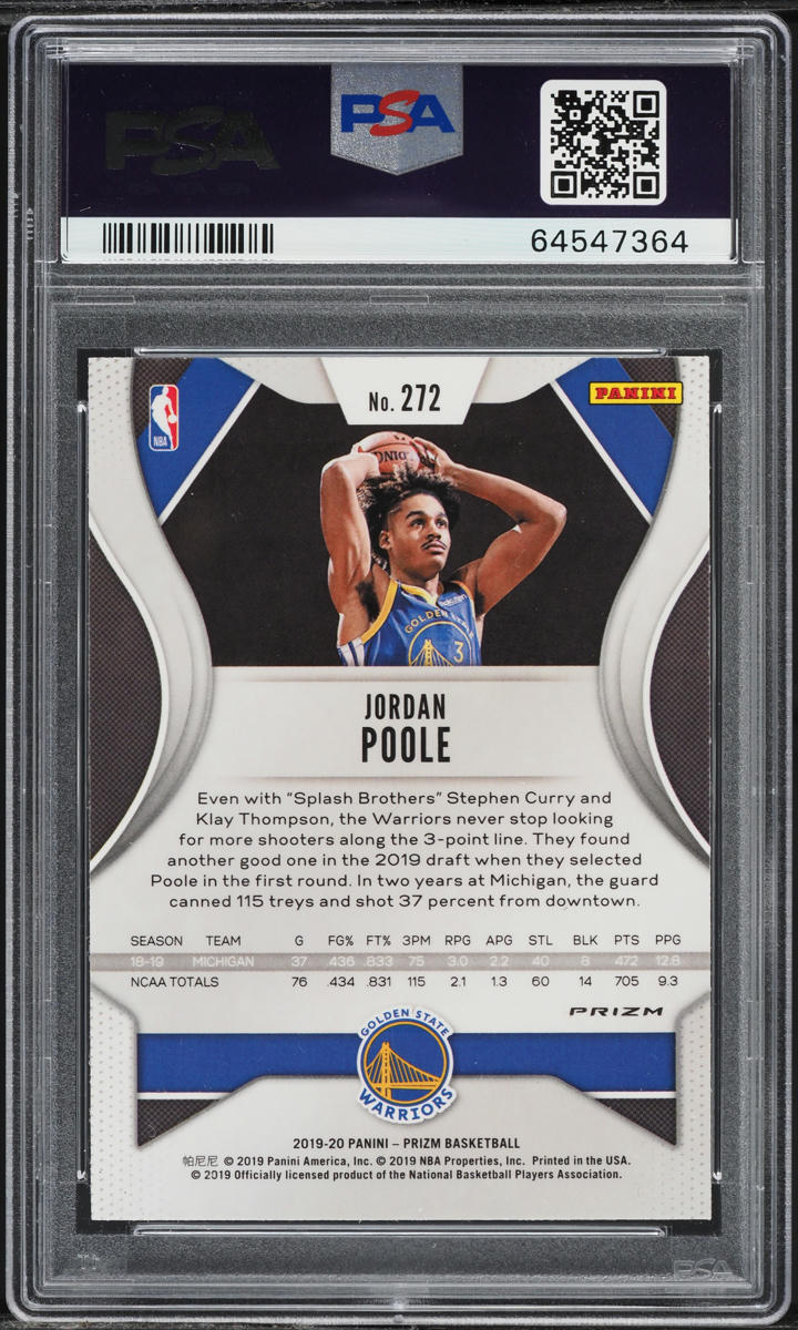 2019 Panini Prizm Silver Jordan Poole ROOKIE #272 PSA 9 MINT on