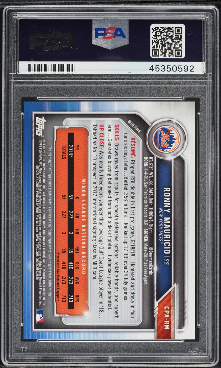 2019 Bowman Chrome Green Shimmer Ronny Mauricio PROSPECT AUTO /99 #RM PSA 10 GEM MINT