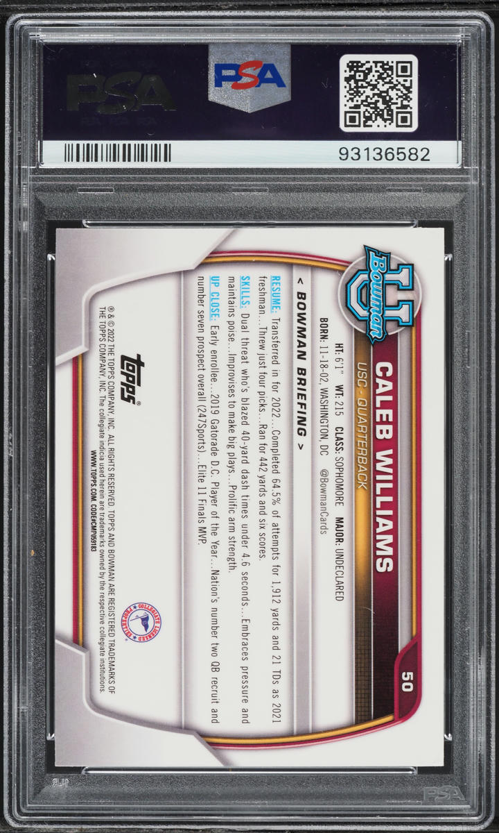 2022 Bowman Chrome University Pink Refractor Caleb Williams #50 PSA 10 GEM MINT