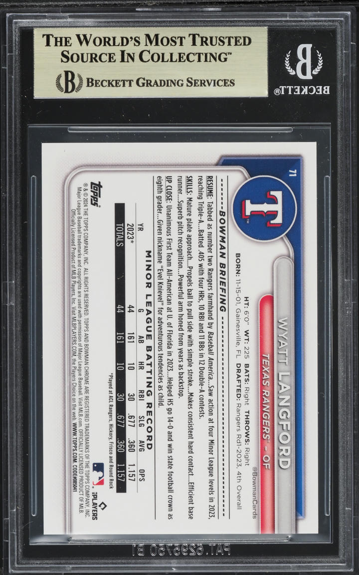 2024 Bowman Chrome Sapphire Black Refractor Wyatt Langford RC /10 #71 BGS 9.5