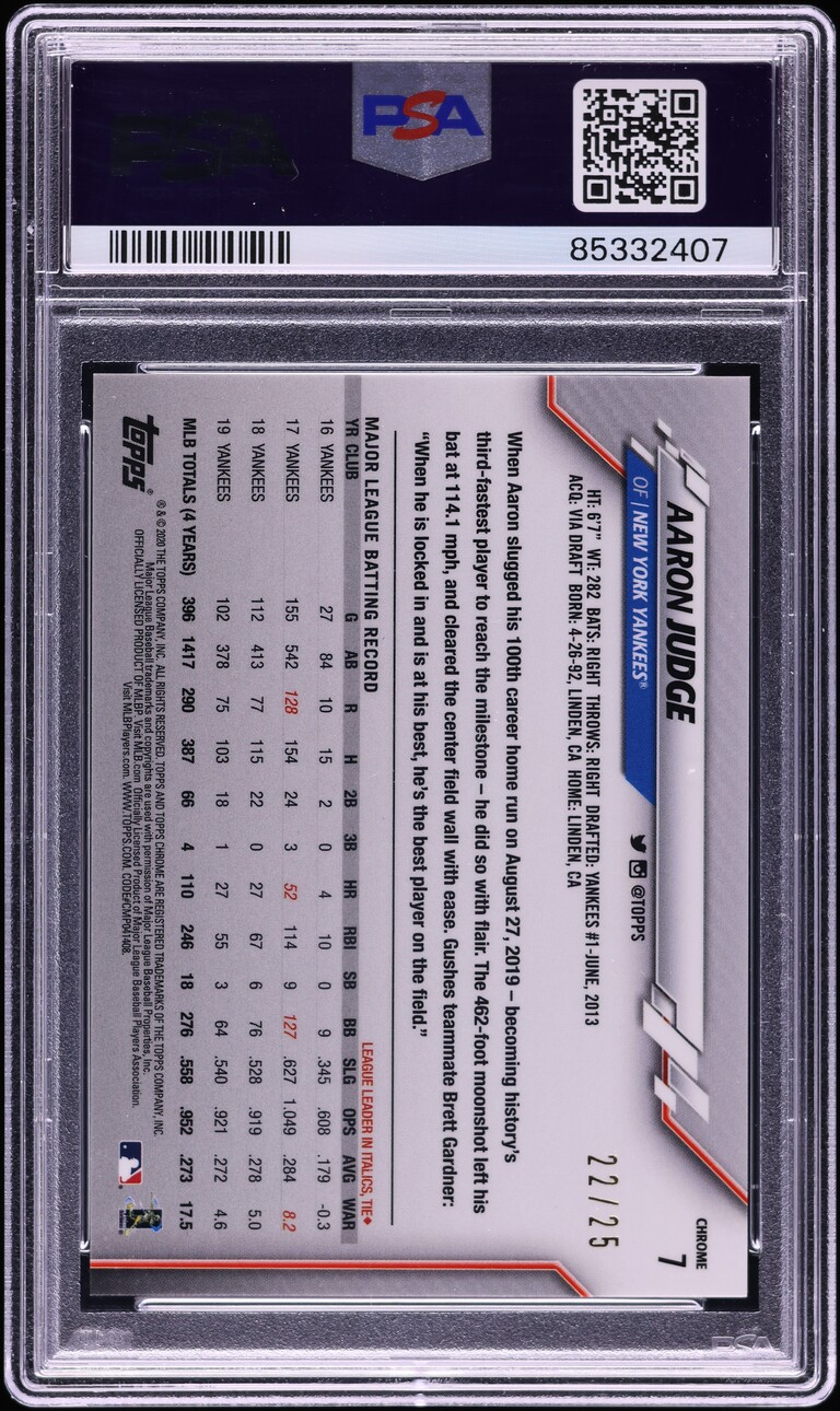 2020 Topps Chrome Sapphire Orange Refractor Aaron Judge /25 #7 PSA 10 GEM MINT