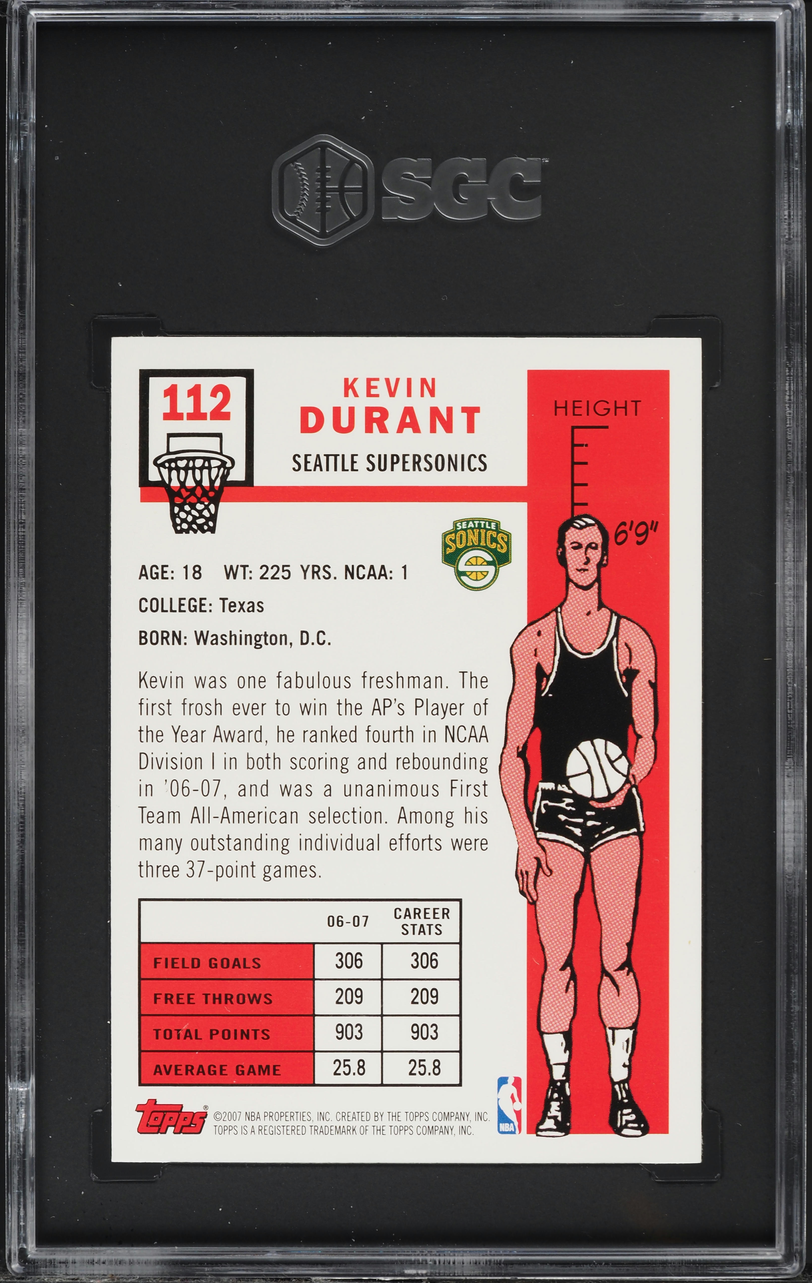 2007 Topps '57-58 Variation Kevin Durant ROOKIE #112 SGC 9 MINT on