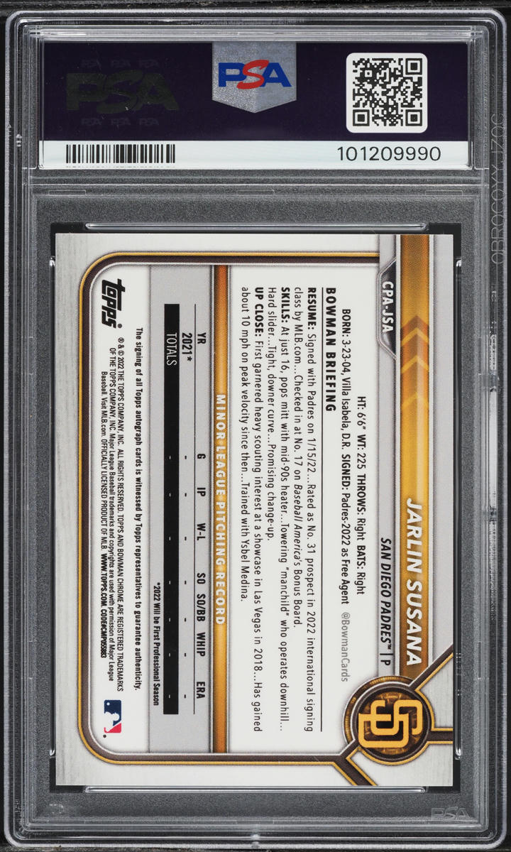 2022 Bowman Chrome Speckle Refractor Jarlin Susana PROSPECT AUTO /299 PSA 10 GEM