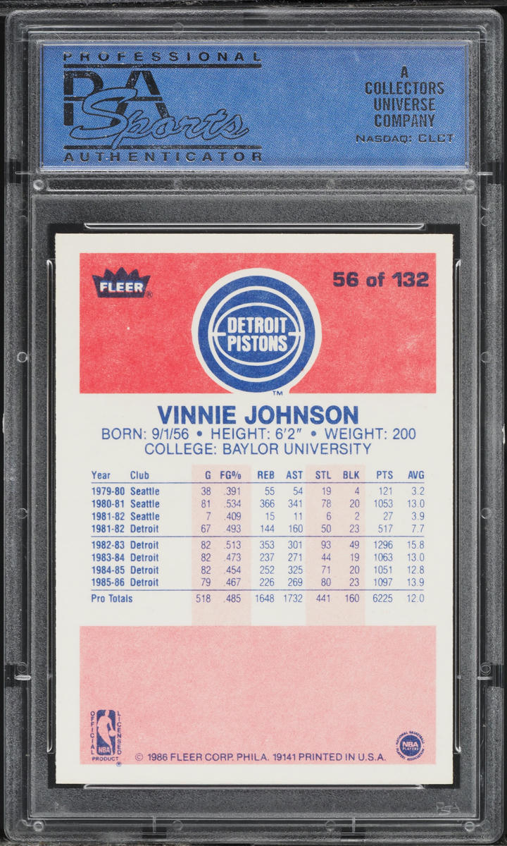 1986 Fleer Basketball Vinnie Johnson #56 PSA 10 GEM MINT