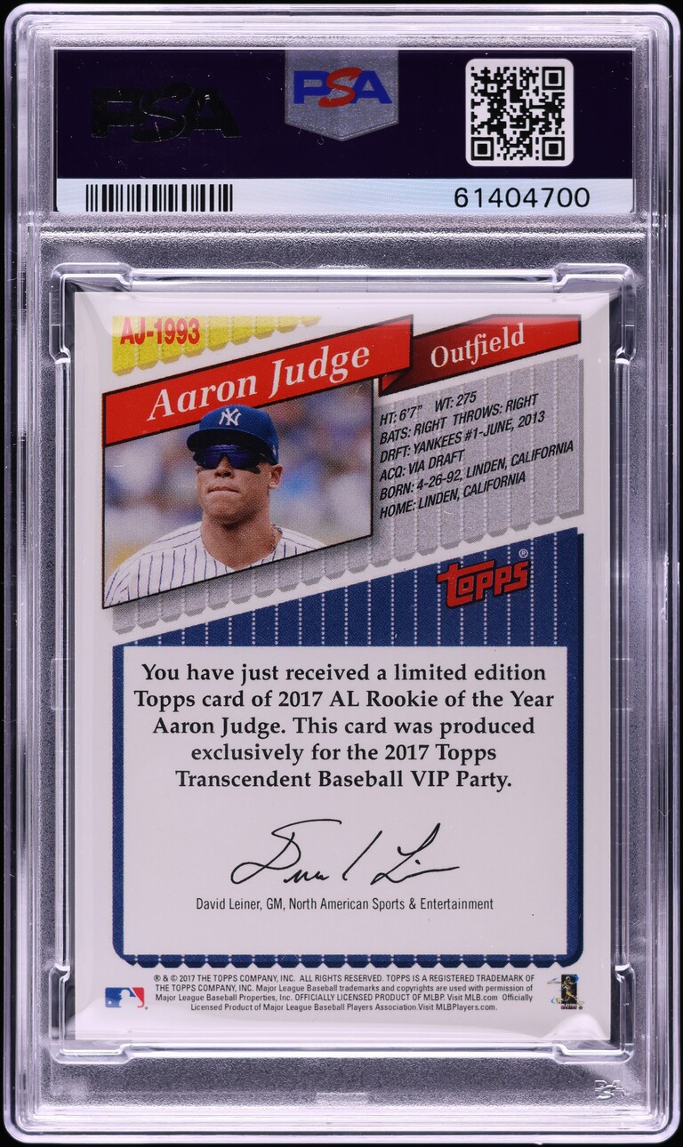 2017 Topps Transcendent Collection VIP Party History Aaron Judge RC /87 PSA 9