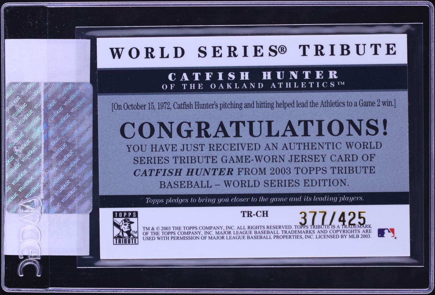 2003 Topps Tribute World Series Catfish Hunter PATCH /425 #TR-CH CGC AUTH