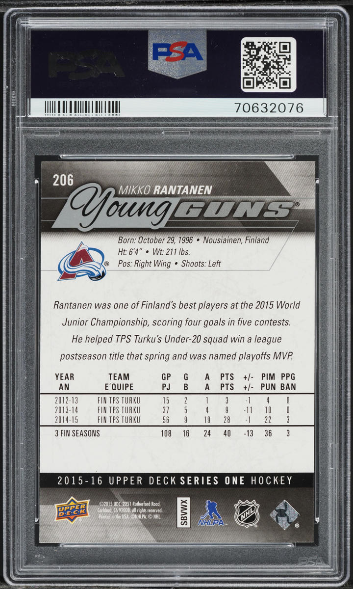 2015 Upper Deck Young Guns Mikko Rantanen ROOKIE #206 PSA 10 GEM MINT