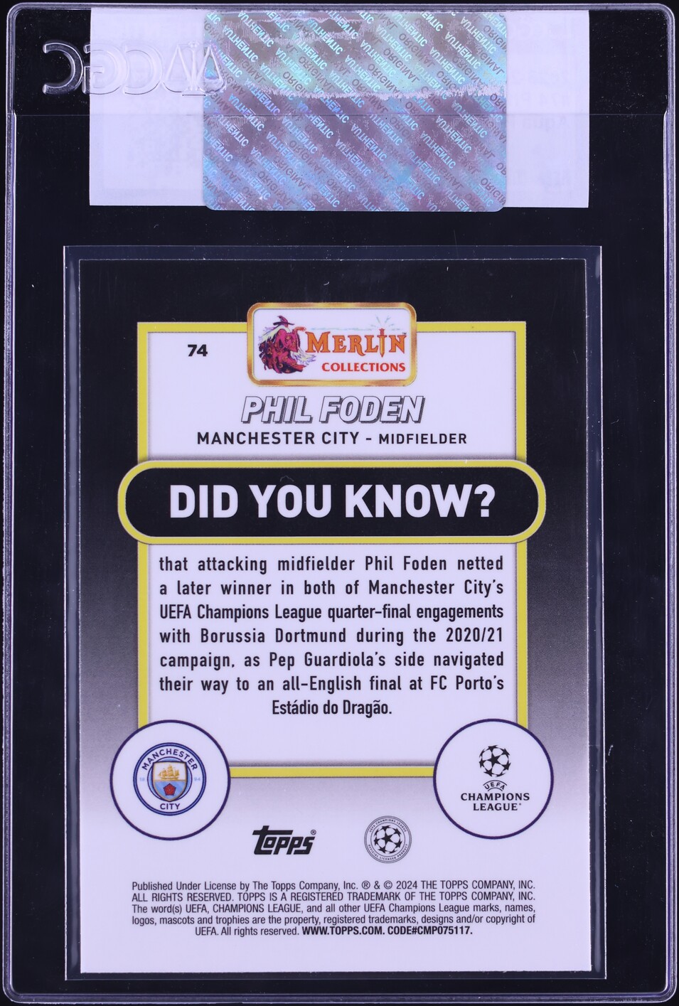 2023 Topps Merlin UEFA Club Competitions Aqua Prism Phil Foden #74 CGC AUTH