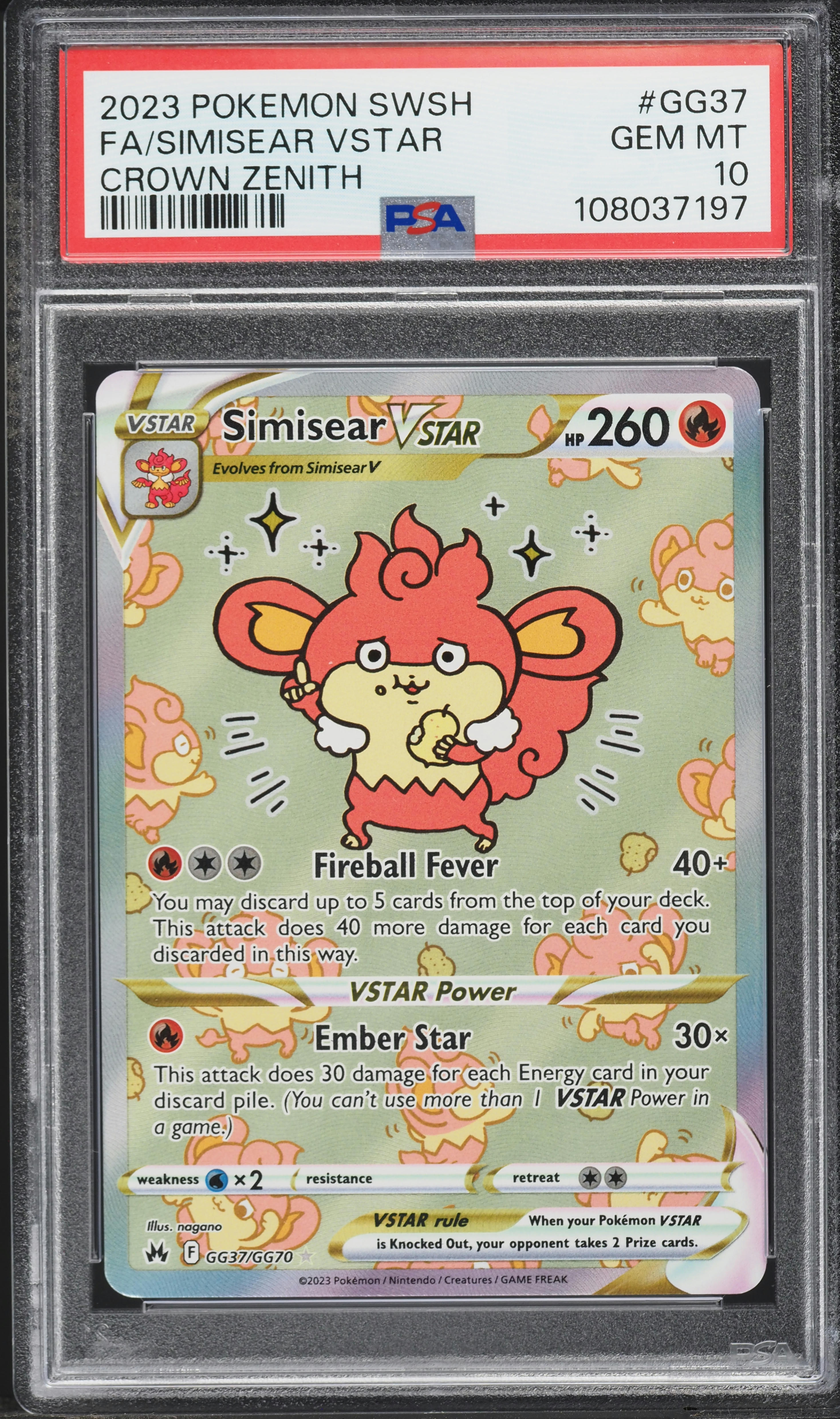 2023 Pokemon SWSH Crown Zenith Full Art Simisear VSTAR #GG37 PSA