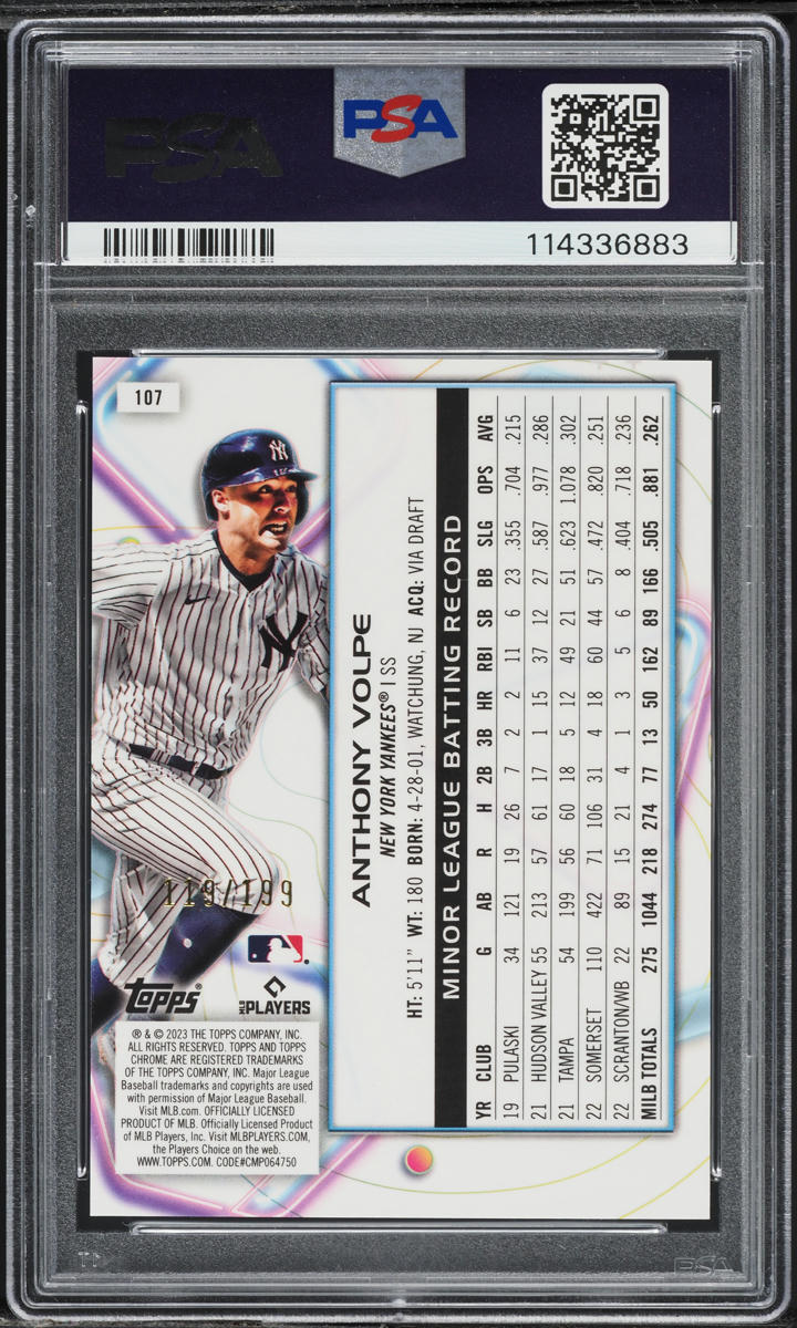 2023 Topps Cosmic Chrome Aqua Equinox Refractor Anthony Volpe RC /199 PSA 10 GEM