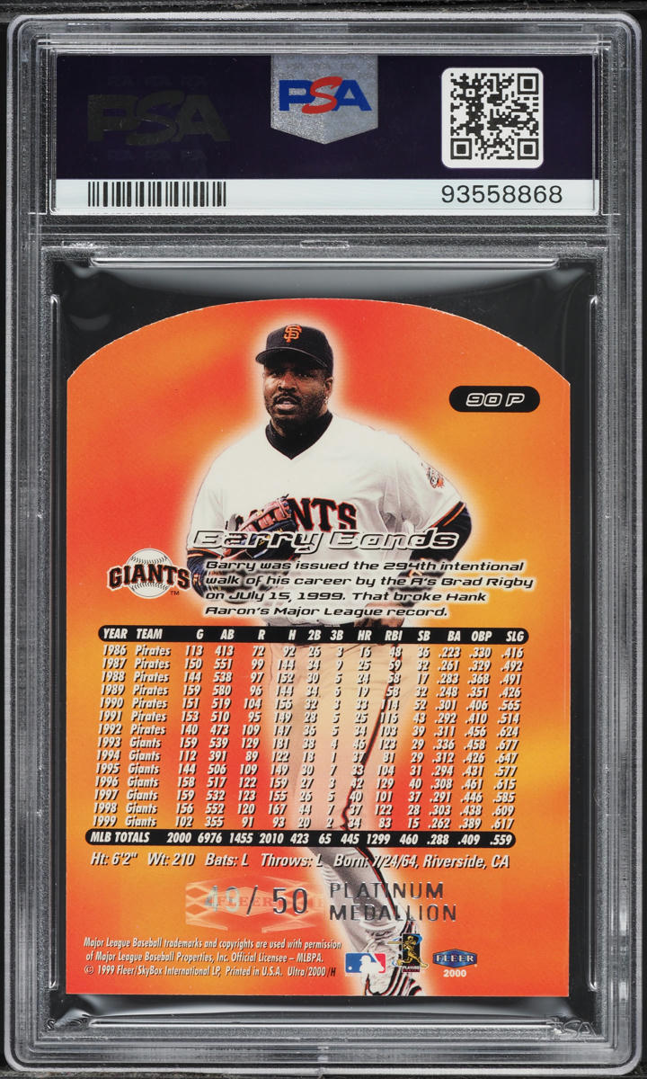 2000 Ultra Platinum Medallion Barry Bonds /50 #90P PSA 8 NM-MT