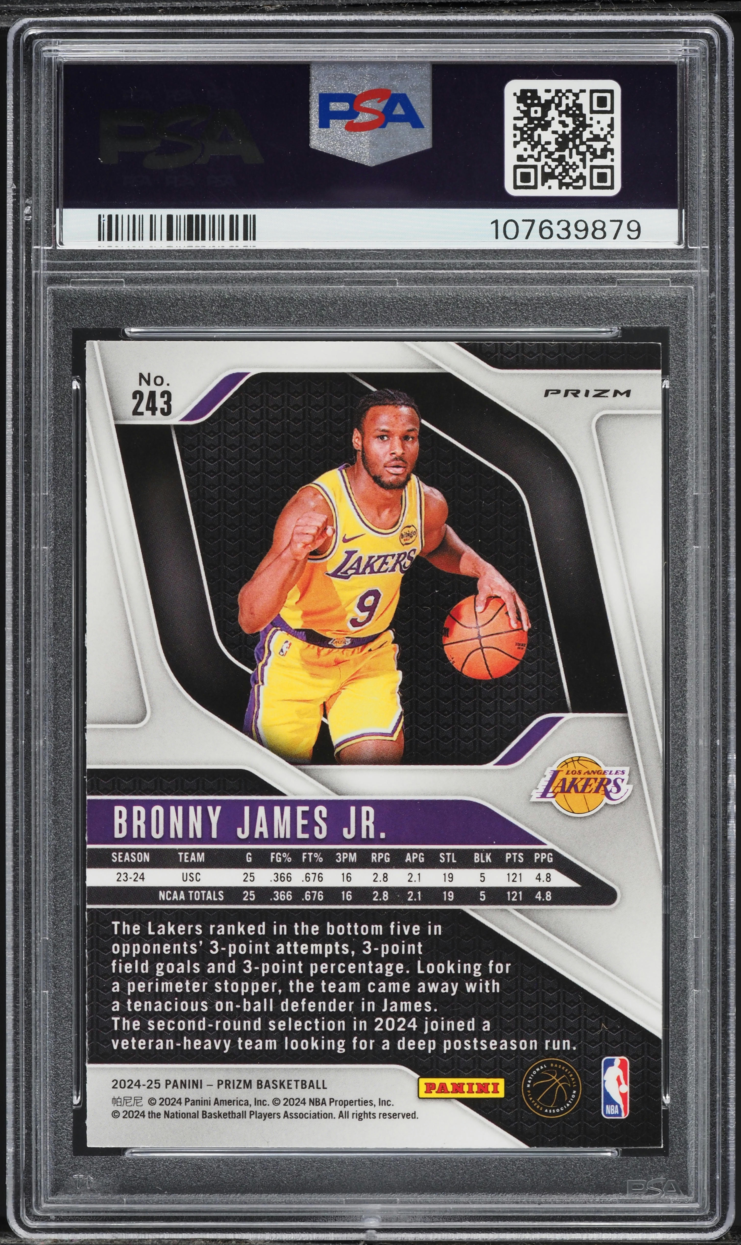 2024 Panini Prizm Silver Bronny James Jr. ROOKIE #243 PSA 9 MINT