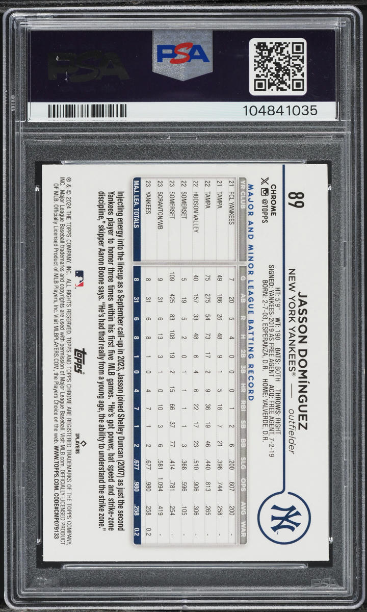 2024 Topps Chrome Logofractor Blue Refractor Jasson Dominguez RC /150 #89 PSA 10