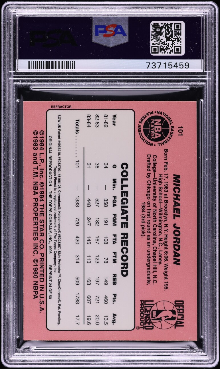 1996 Stadium Club Finest Reprint Refractor Michael Jordan #24 PSA 6 EXMT