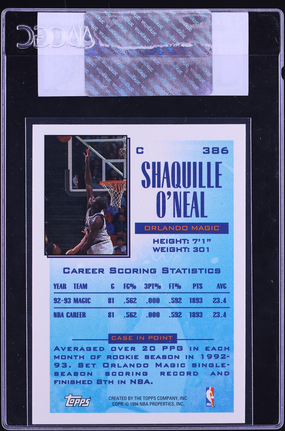 1993 Topps Shaquille O'Neal #386 CGC AUTH