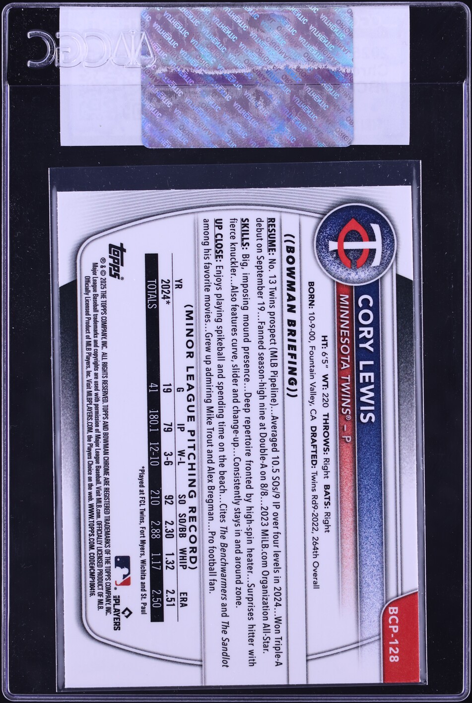 2025 Bowman Chrome Cory Lewis PROSPECT #BCP-128 CGC AUTH