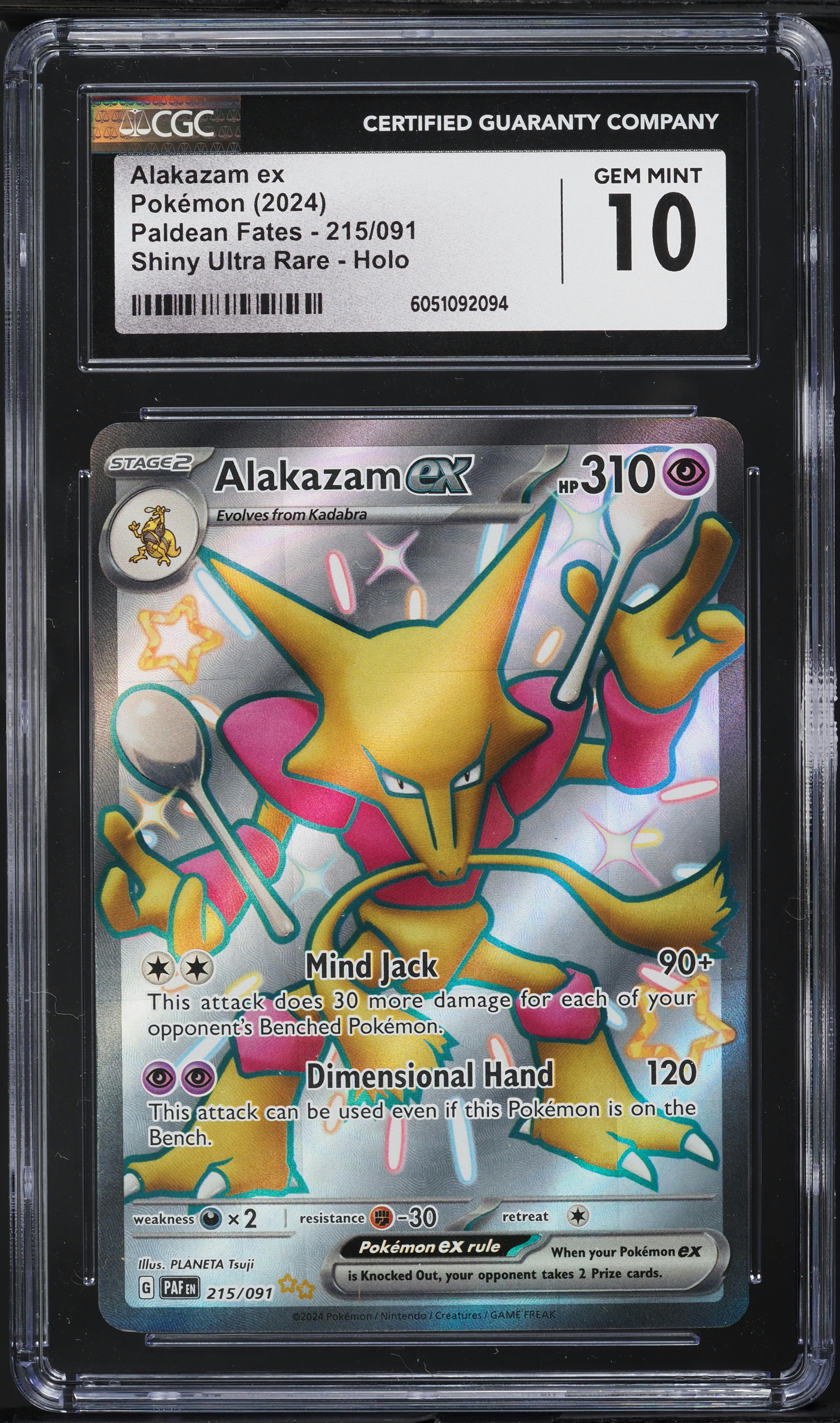 2024 Pokemon SV Paldean Fates Full Art Shiny Alakazam ex #215 CGC