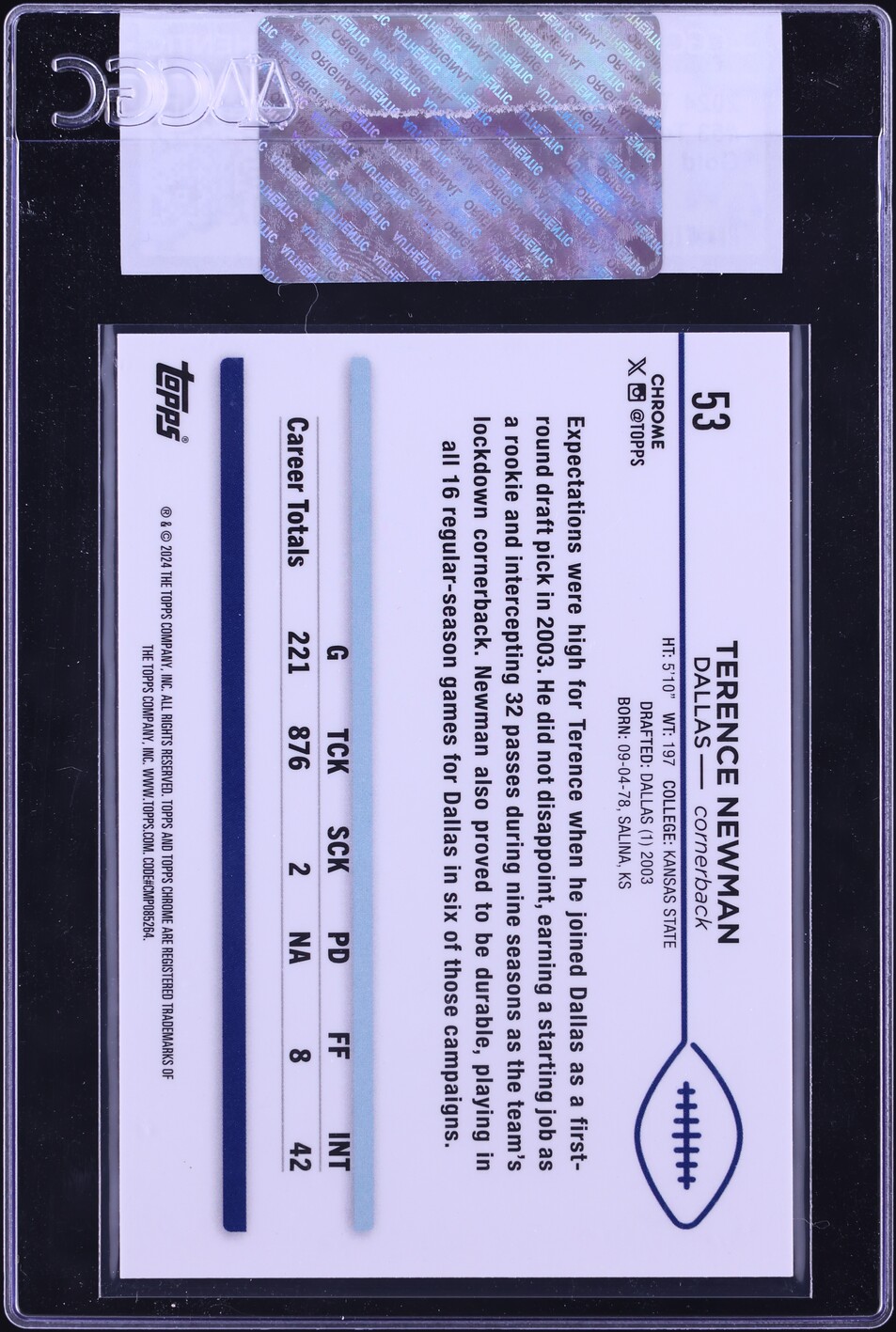 2024 Topps Chrome Sapphire Gold Terence Newman /50 #53 CGC AUTH