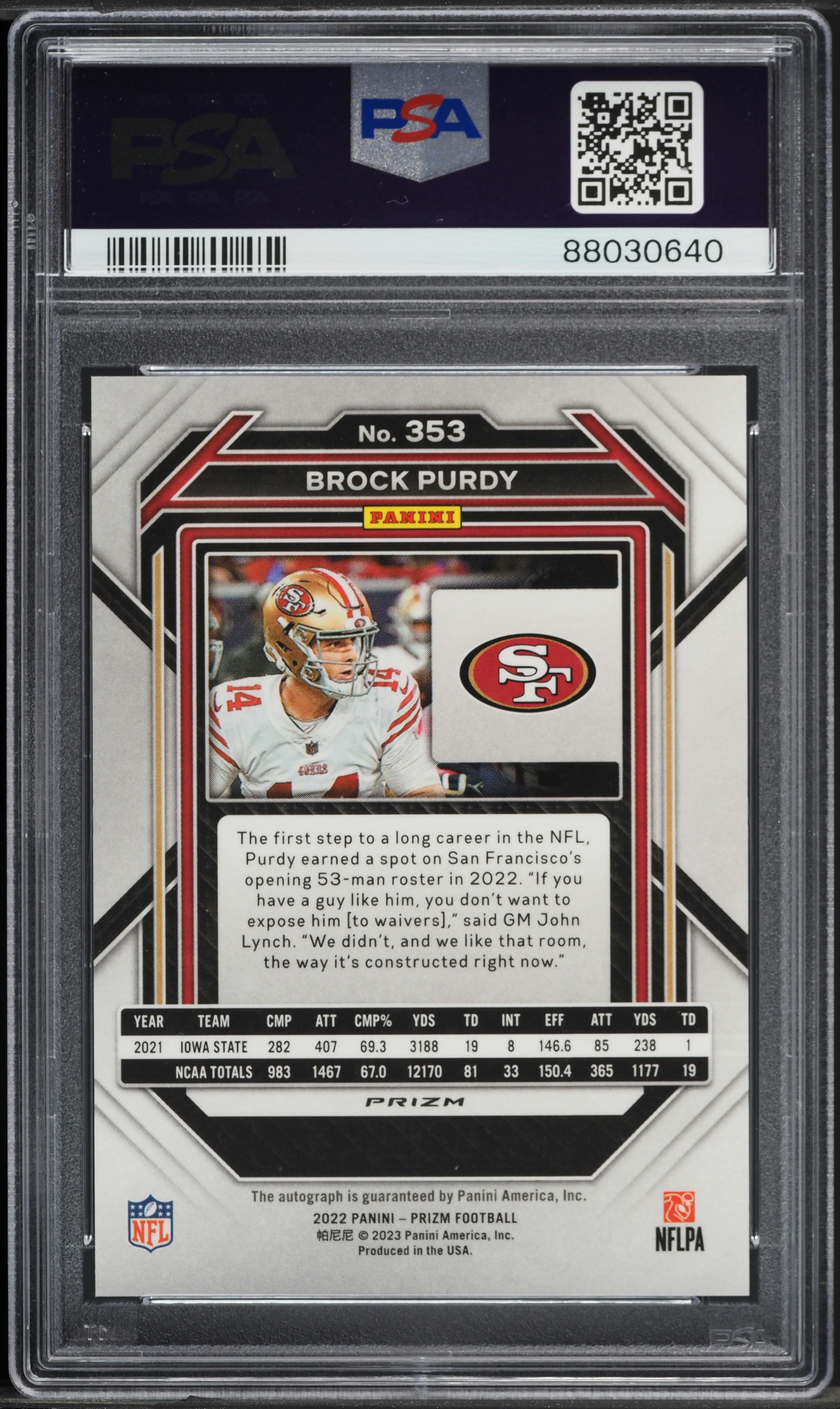 2022 Panini Prizm Silver Brock Purdy ROOKIE AUTO #353 PSA 10 GEM