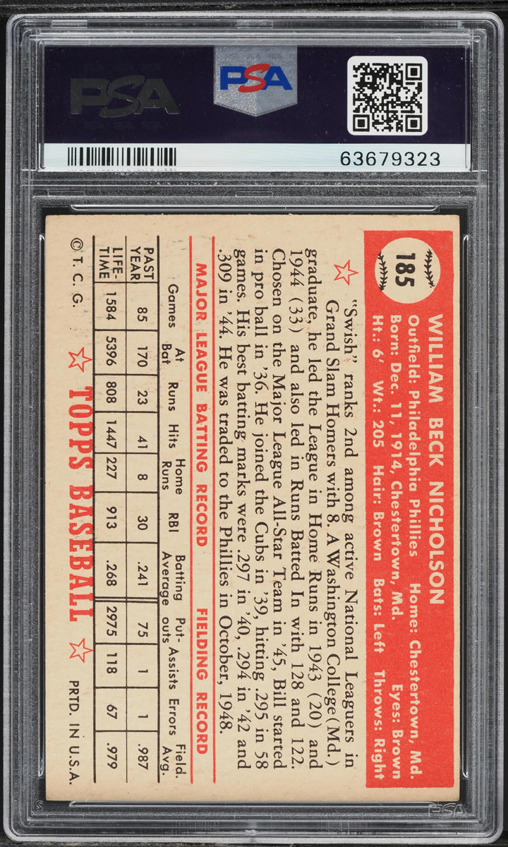 1952 Topps Bill Nicholson #185 PSA 5 EX