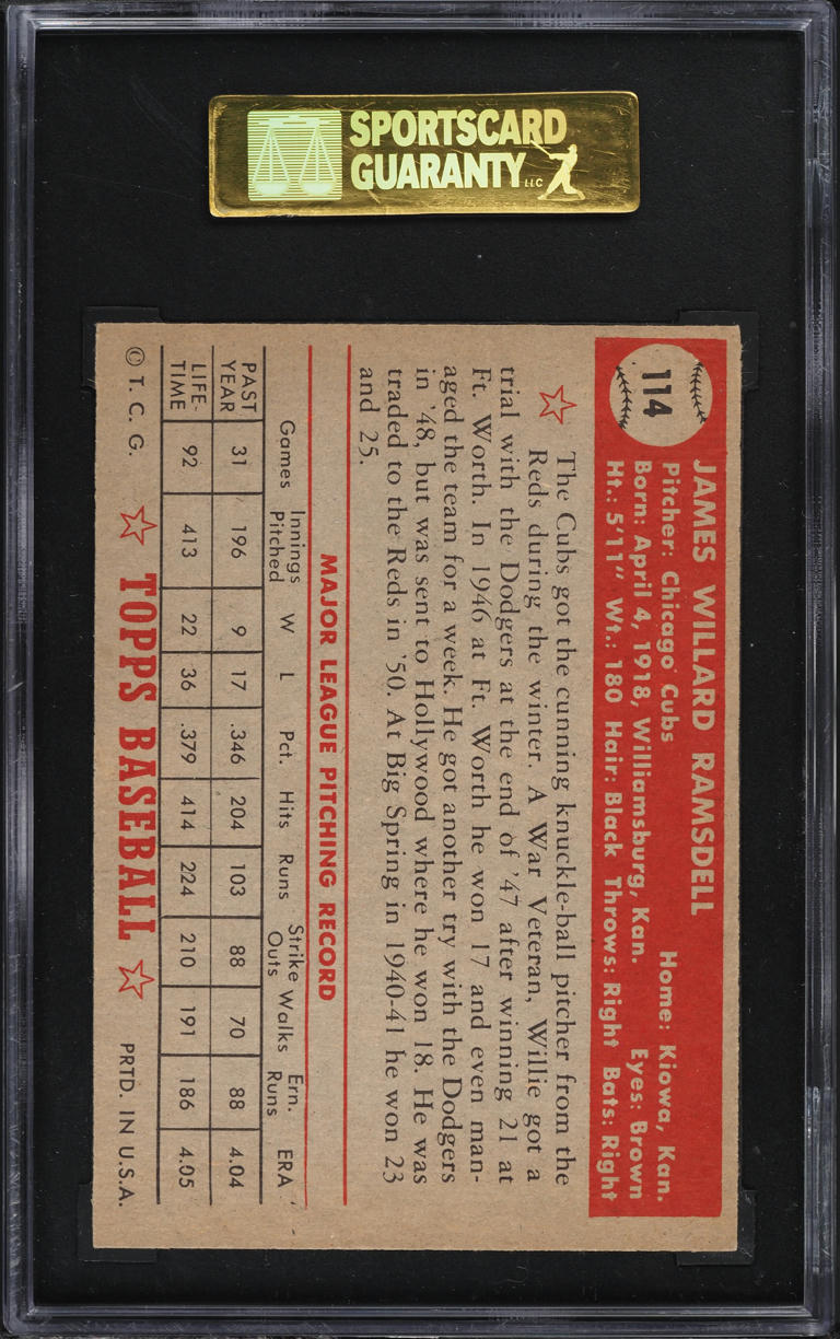 1952 Topps Willard Ramsdell #114 SGC 7 NRMT