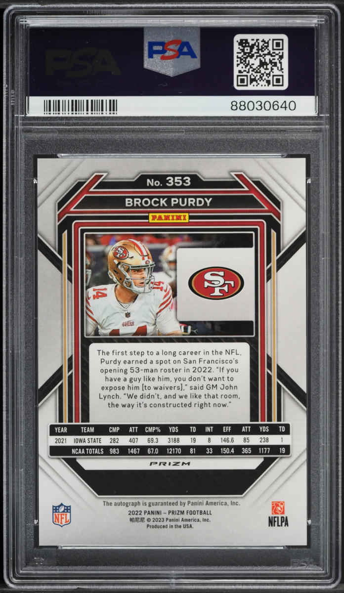 2022 Panini Prizm Silver Brock Purdy ROOKIE AUTO #353 PSA 10 GEM