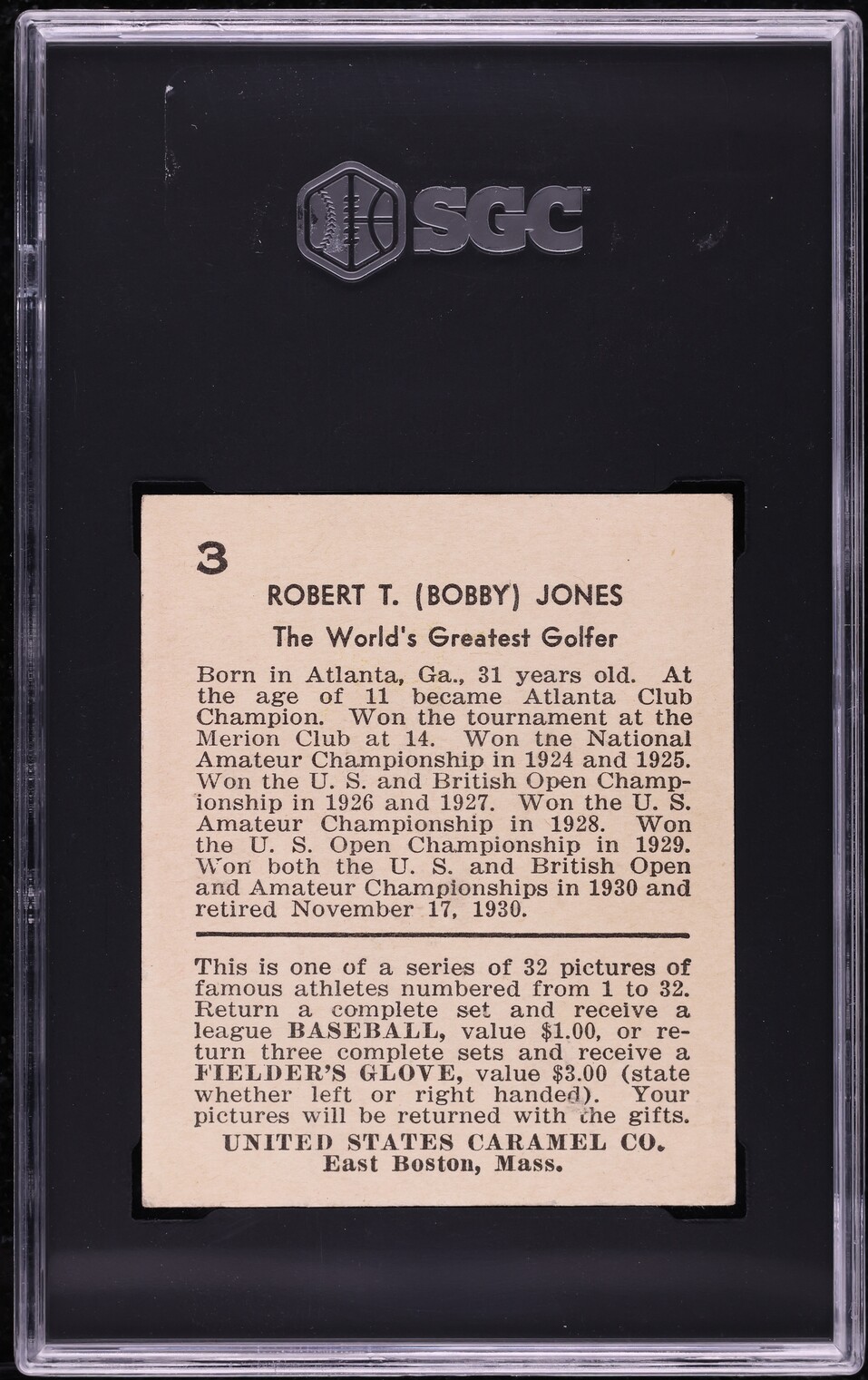 1932 U.S. Caramel Bobby Jones #3 SGC 7 NRMT