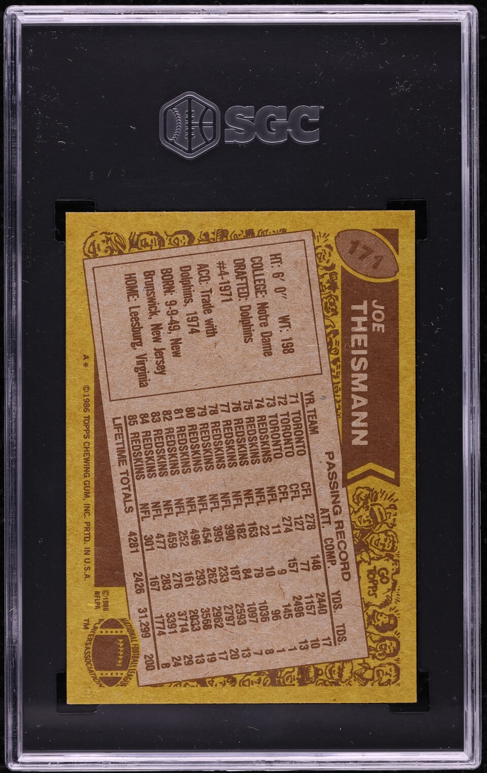 1986 Topps Football Joe Theismann #171 SGC 6 EXMT