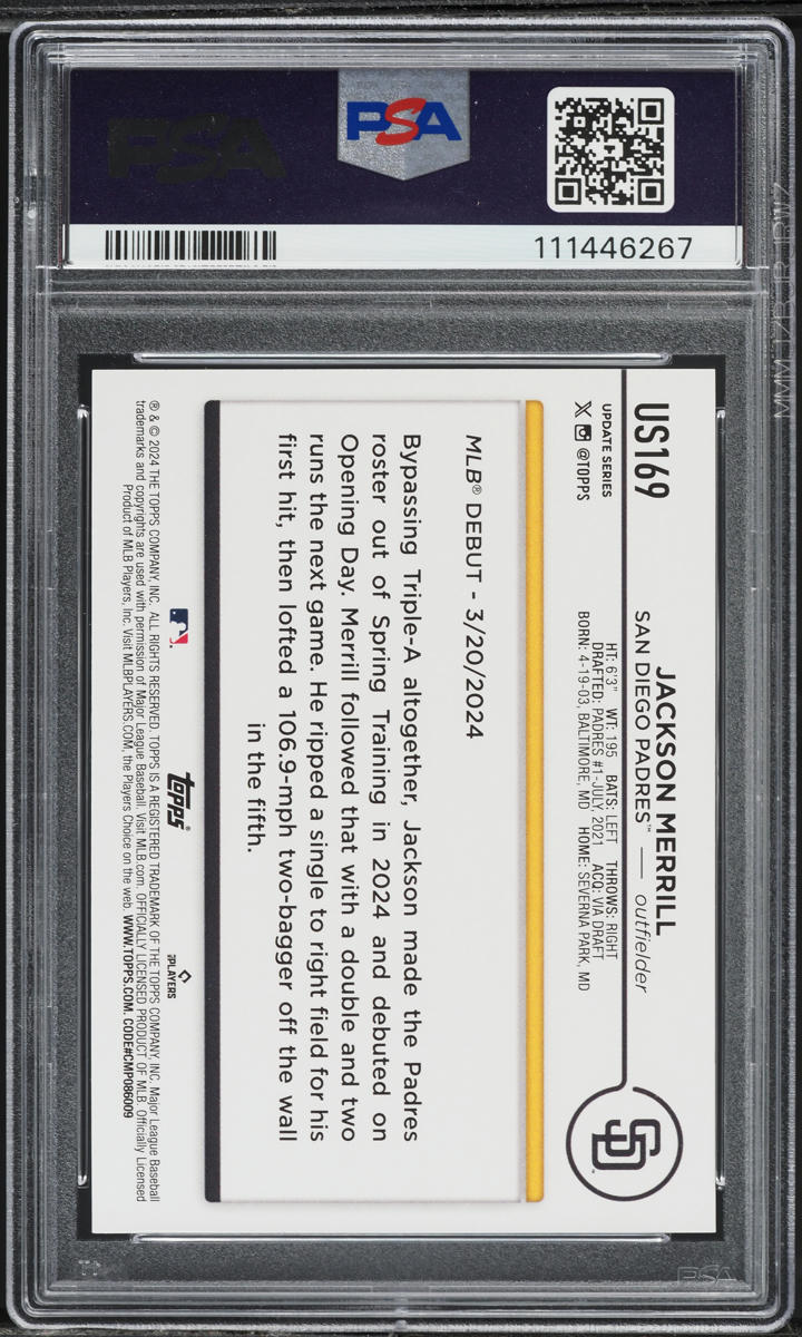 2024 Topps Update Jackson Merrill ROOKIE #US169 PSA 10 GEM MINT