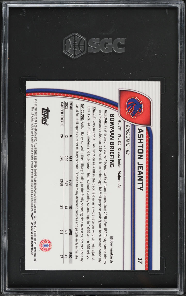 2024 Bowman Chrome University Ashton Jeanty ROOKIE #17 SGC 9.5 MINT+