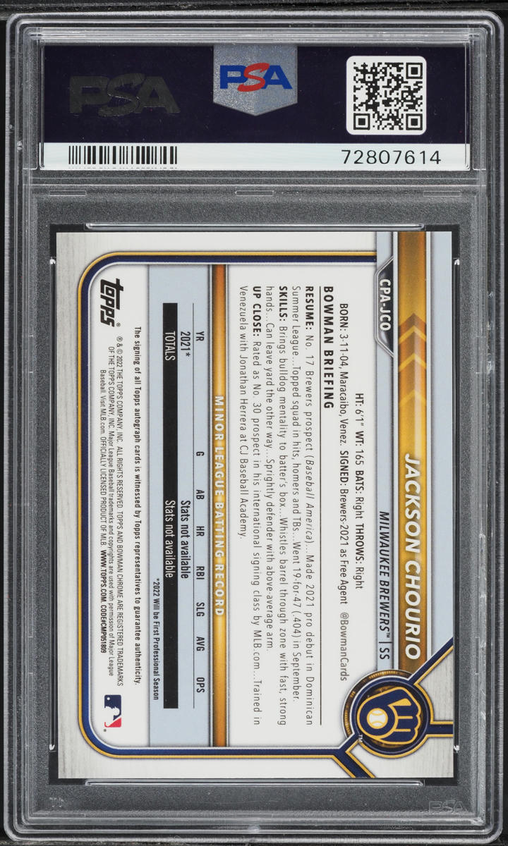 2022 Bowman Chrome Gold Shimmer Jackson Chourio AUTO /50 #CPAJCO PSA 9 MINT