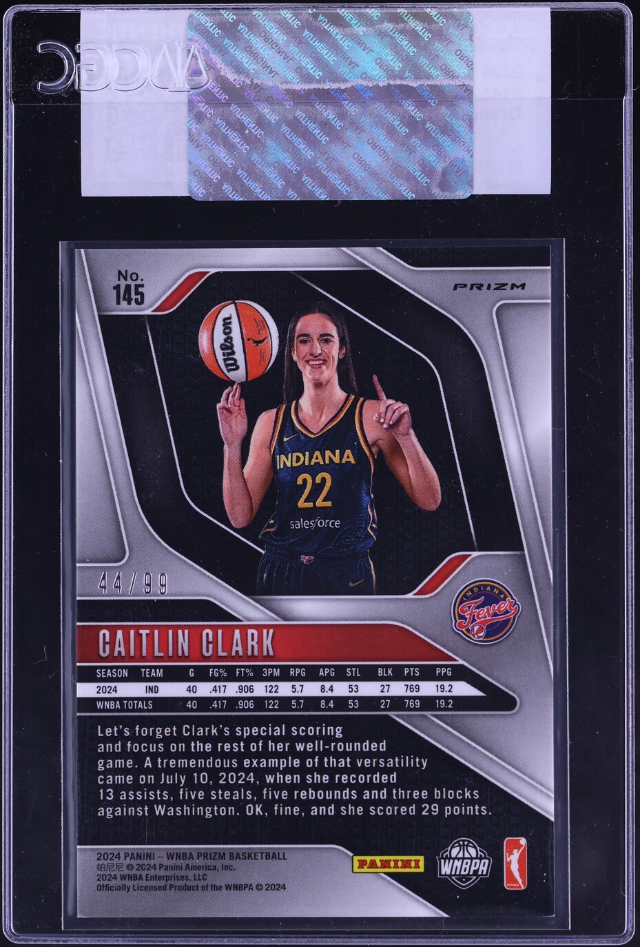 2024 Panini Prizm WNBA Orange Caitlin Clark ROOKIE /99 #145 CGC AUTH