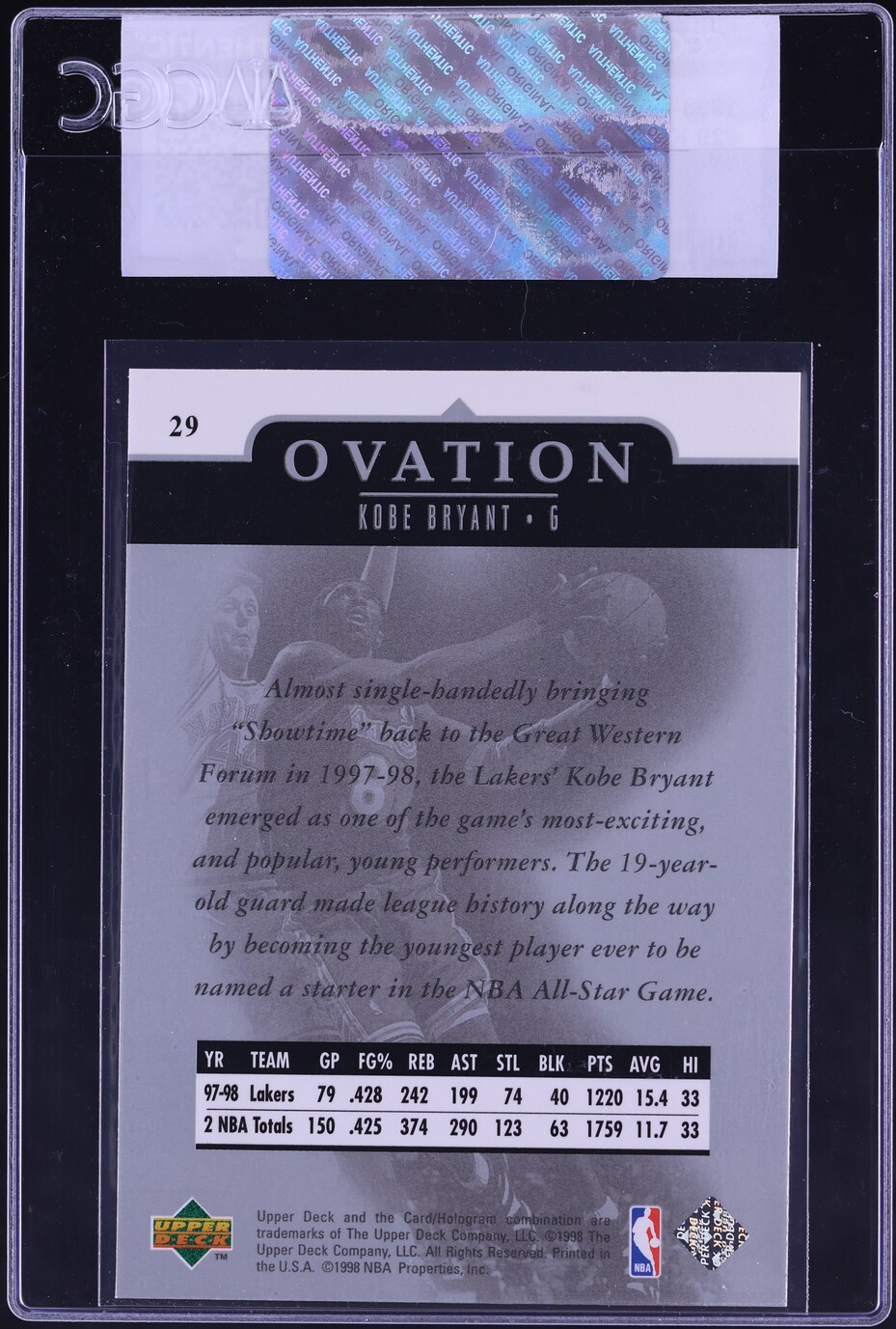1998 Upper Deck Ovation Kobe Bryant #29 CGC AUTH