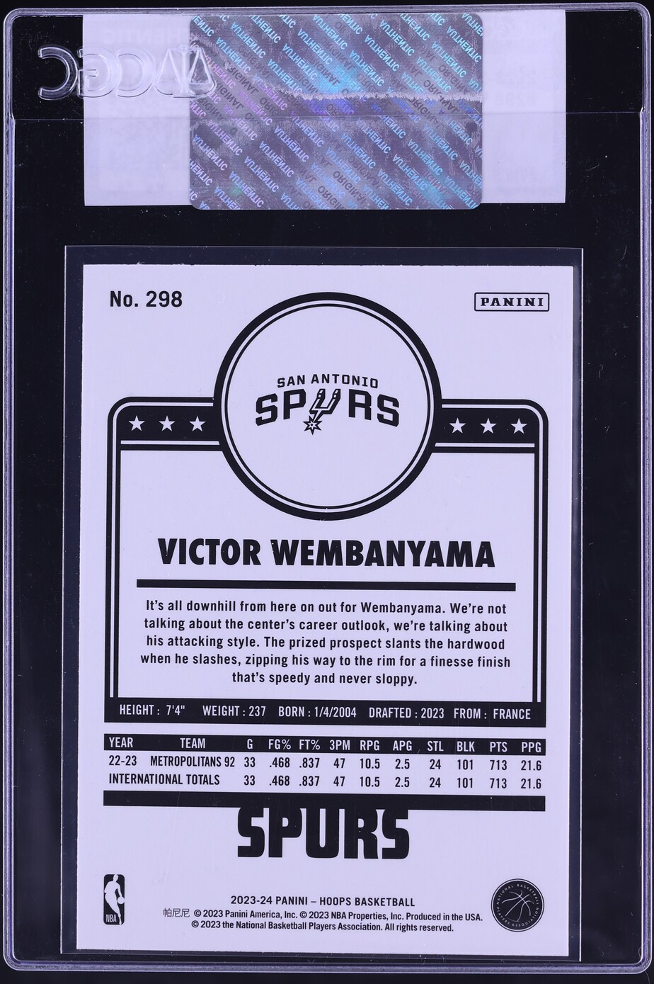 2023 Hoops Victor Wembanyama ROOKIE #298 CGC AUTH