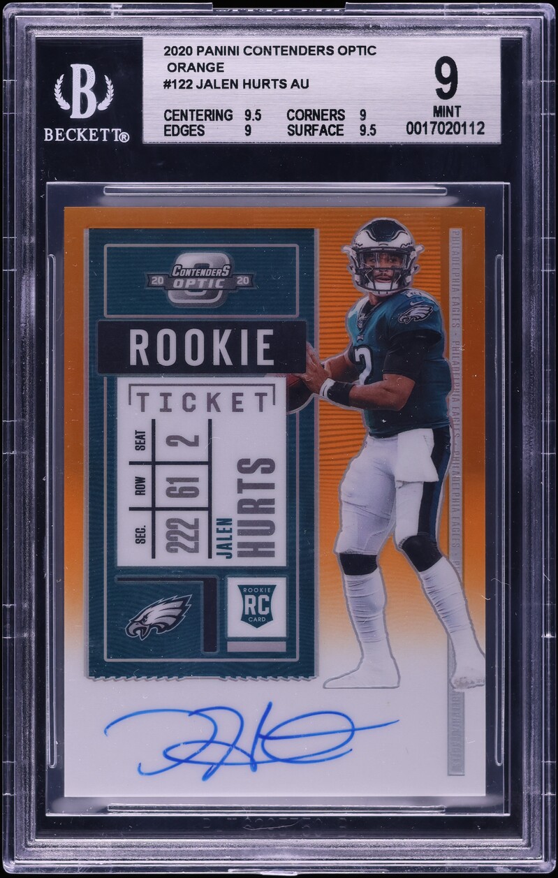 2020 Panini Contenders Optic Orange Jalen Hurts ROOKIE AUTO /50 #122 BGS 9 MINT