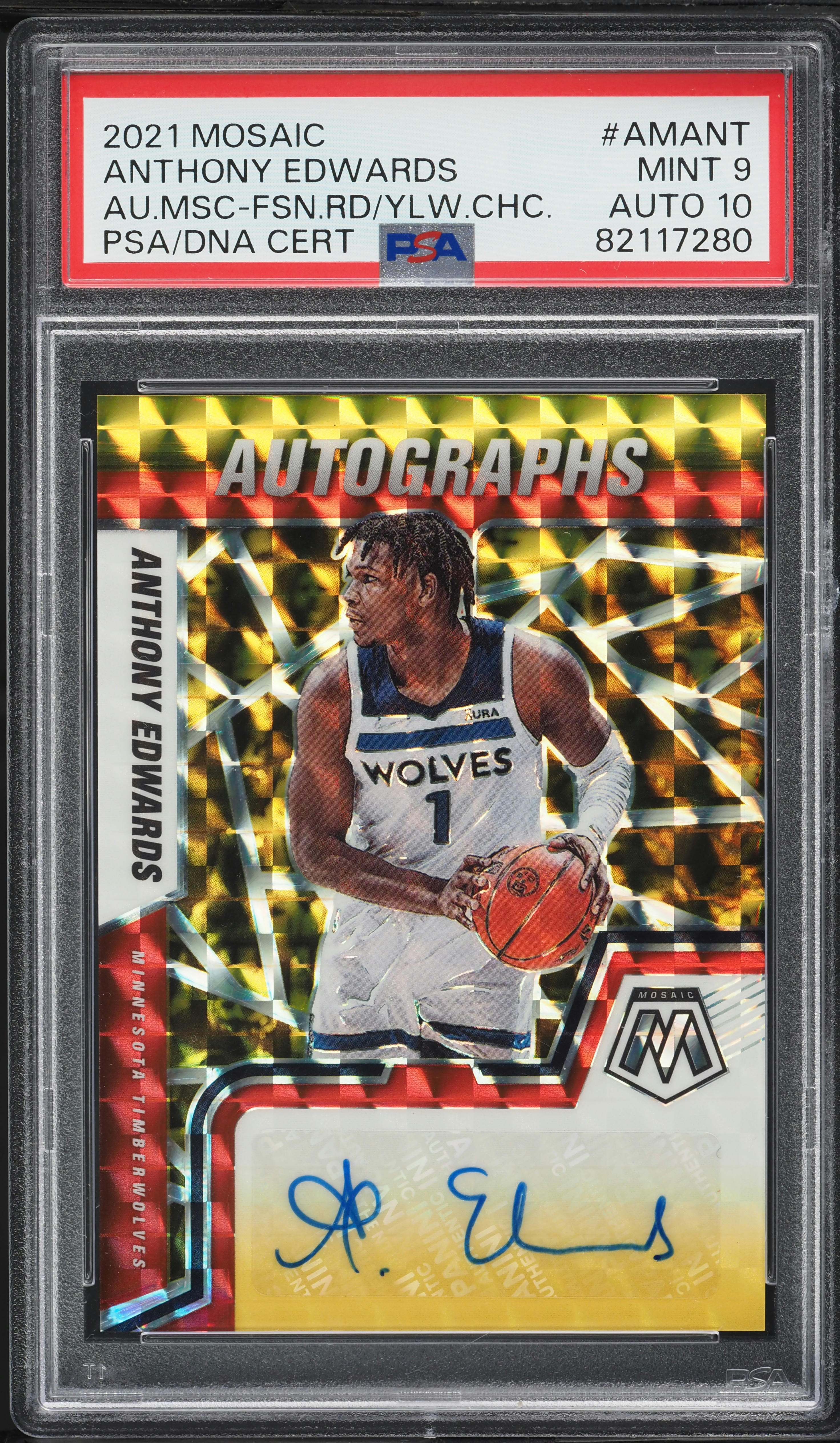 2021 Panini Mosaic Fusion Red Yellow Anthony Edwards AUTO DNA 10