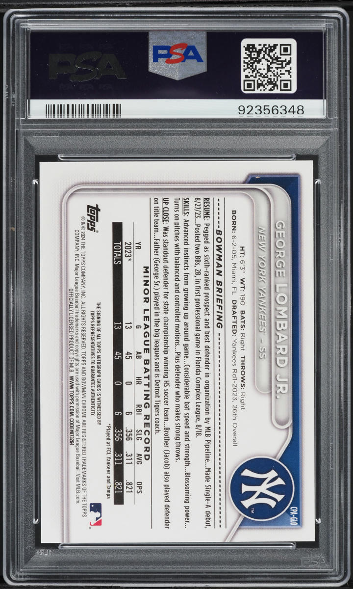 2024 Bowman Chrome HTA Choice George Lombard Jr. PROSPECT AUTO /150 PSA 10