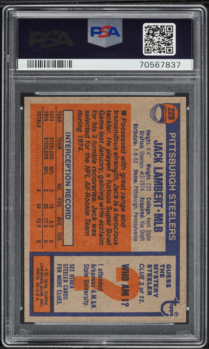 1976 Topps Football Jack Lambert ROOKIE #220 PSA 9 MINT