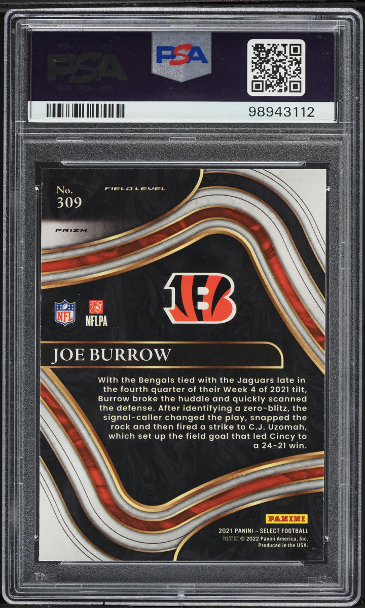 2021 Select Field Level Tiger Prizm Joe Burrow #309 PSA 10 GEM