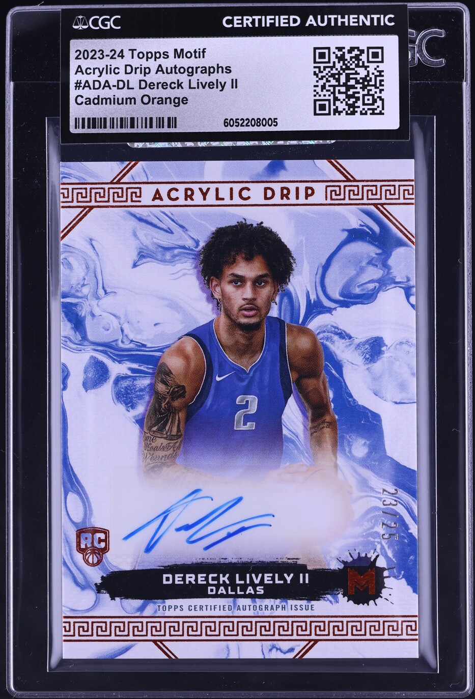 2023 Topps Motif Acrylic Cadmium Orange Dereck Lively II RC AUTO /25 CGC AUTH