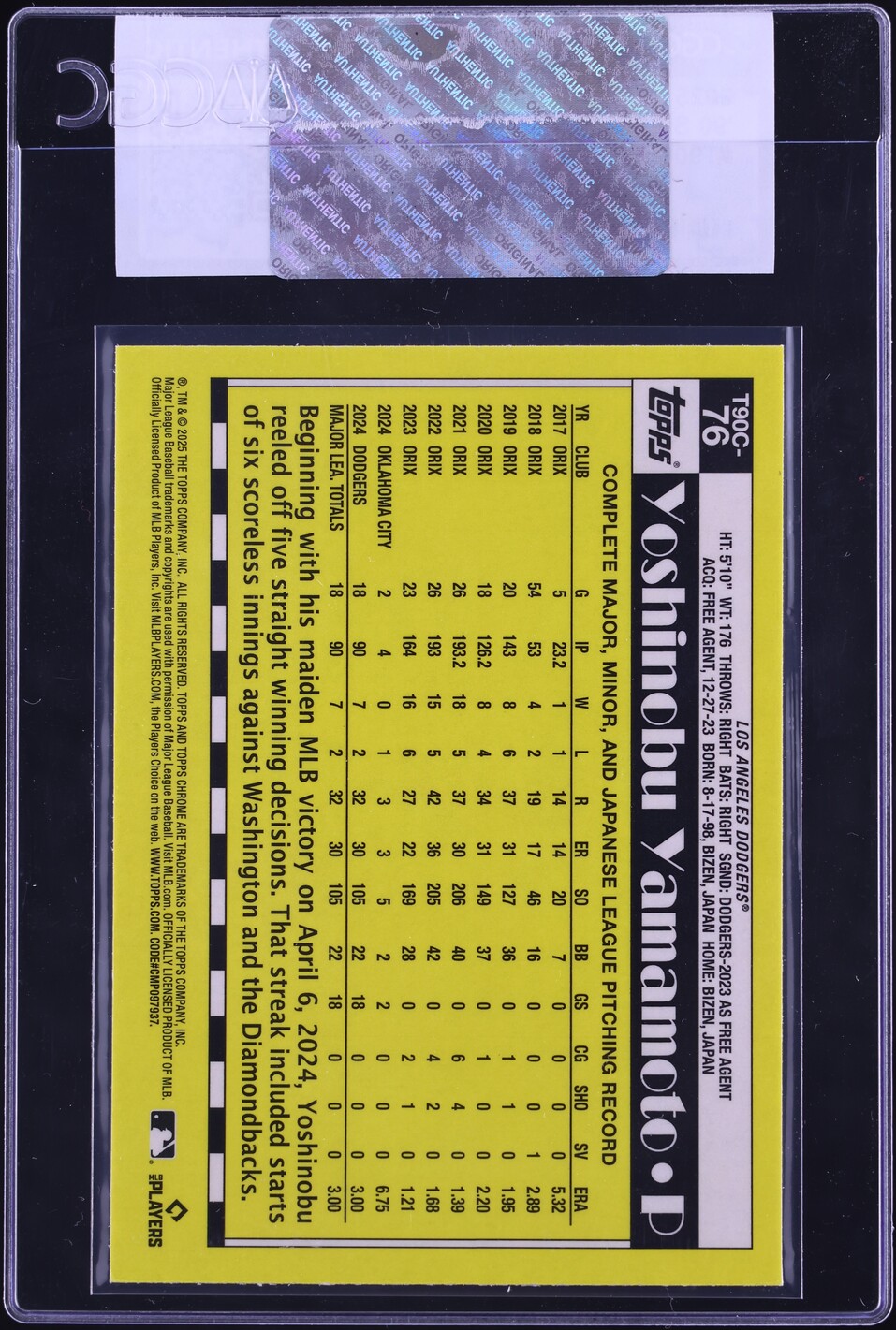 2025 Topps '90 Silver Pack Yoshinobu Yamamoto #T90C-76 CGC AUTH on