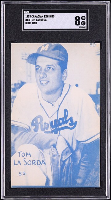 1953 Canadian Exhibits Tom Lasorda BLUE TINT #50 SGC 8 NM-MT